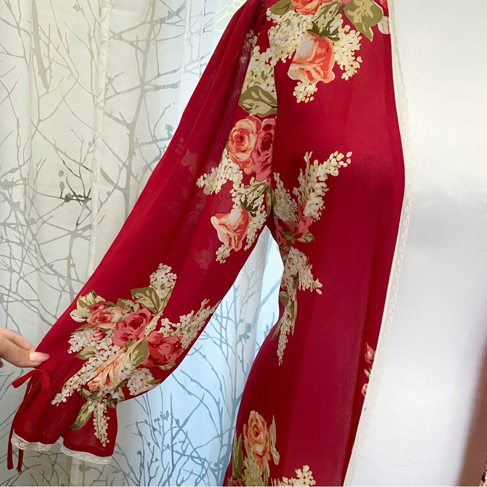 OSCAR DE LA RENTA PINK LABEL cream red green floral print sheer long sleeve robe - Picture 4 of 10